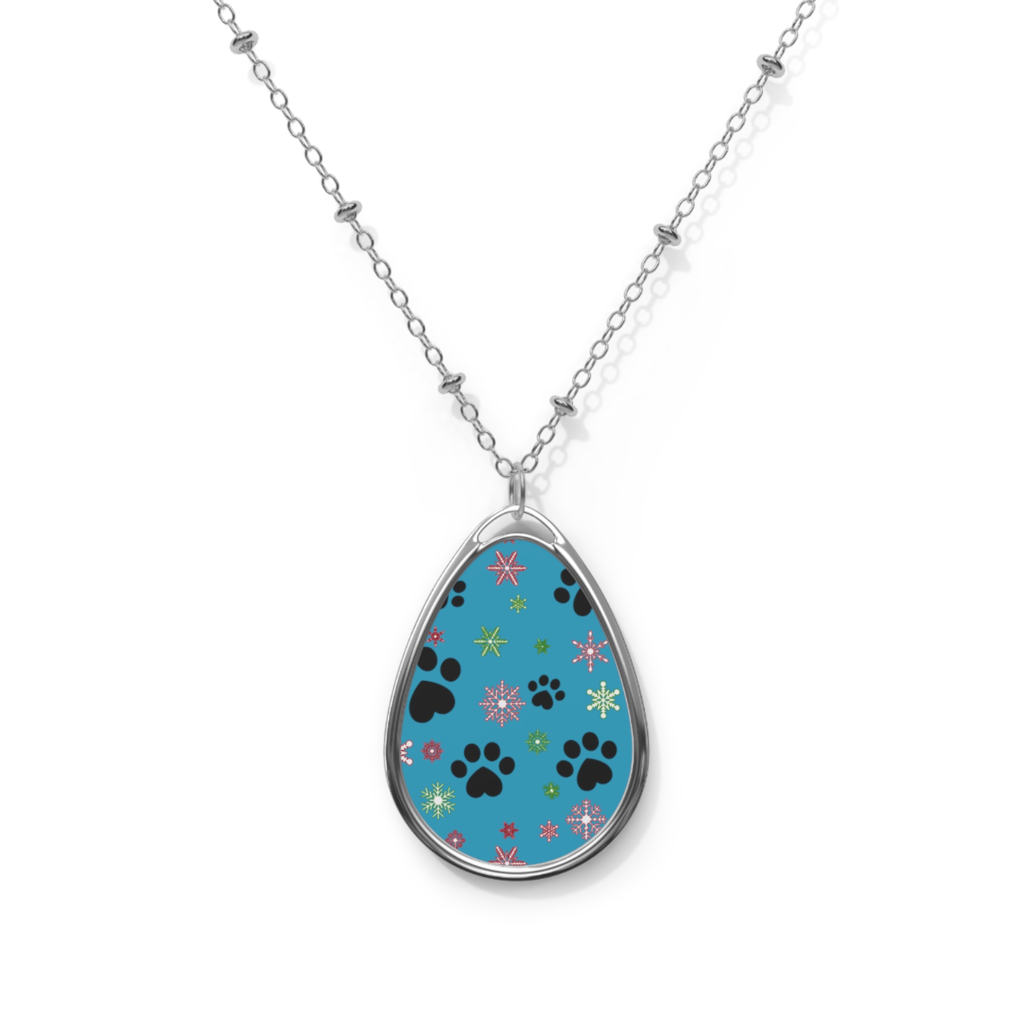 Oval Necklace- Paws & Snowflakes
